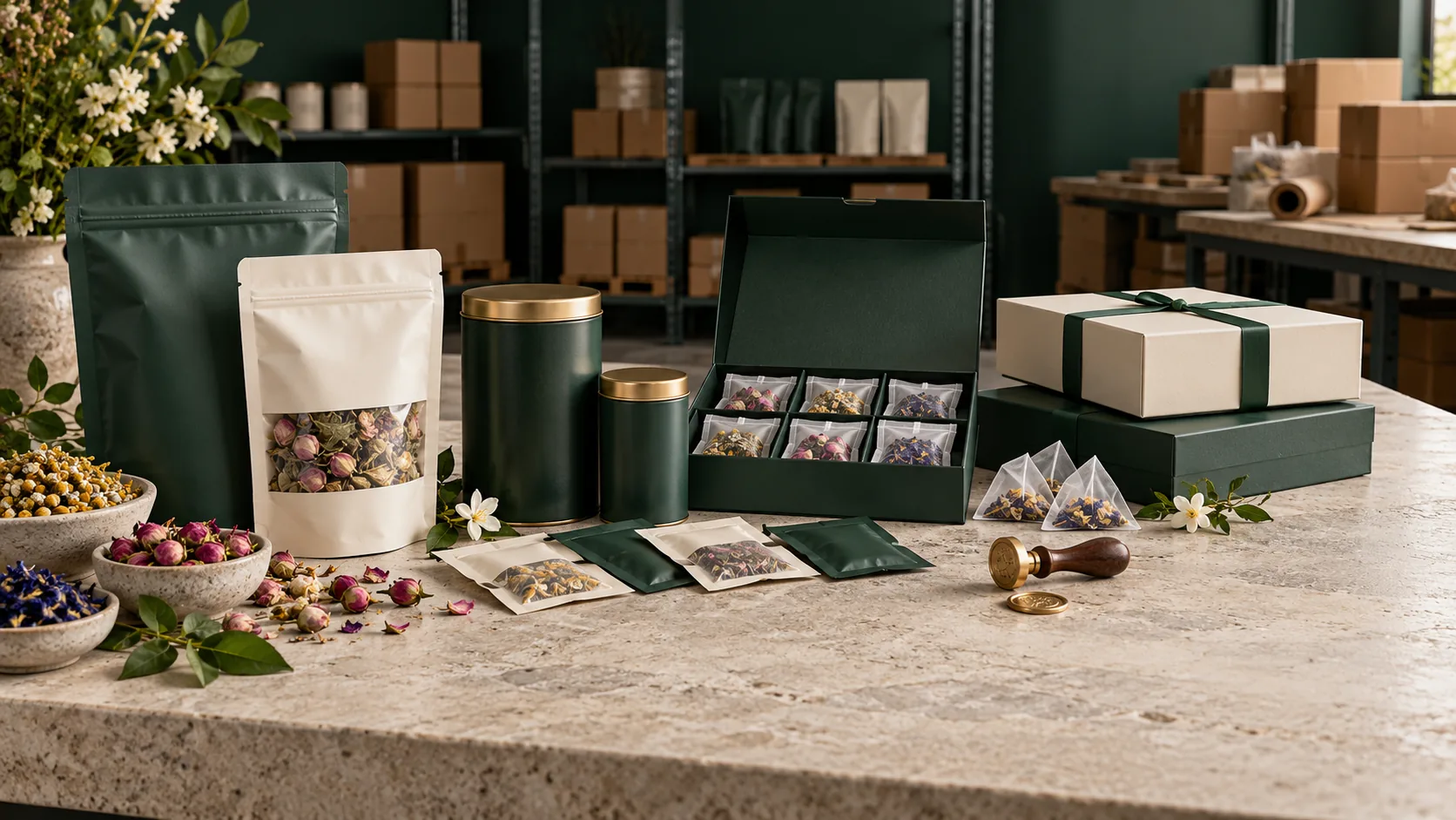 Flower tea packaging and fulfillment desk
