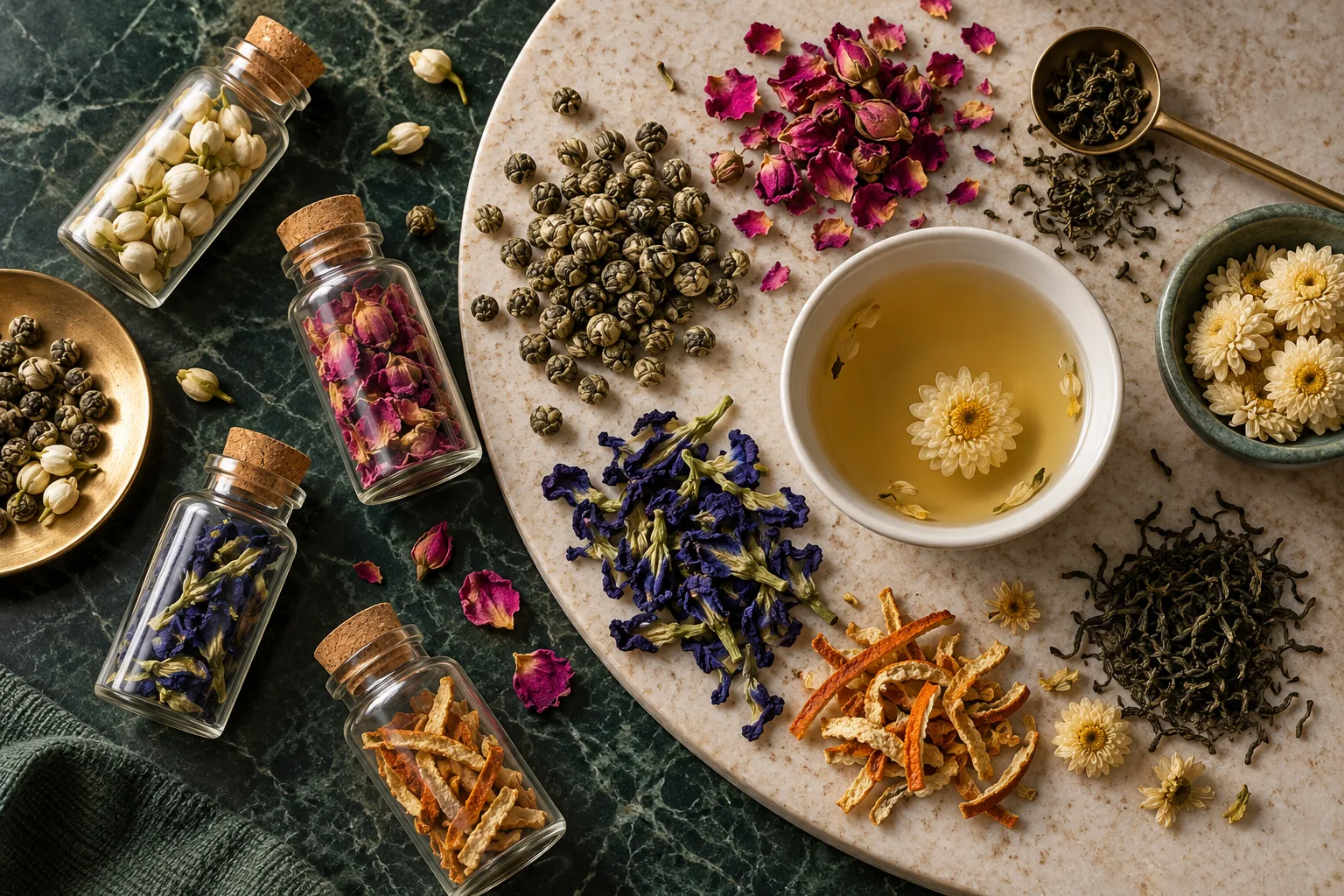 Strip teaes, clusters and tea trays on a beauty sampling table